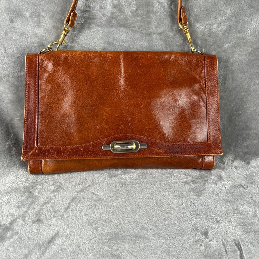 Vintage Cognac Leather Convertible Shoulder Bag Clutch Gold Hardware Brown